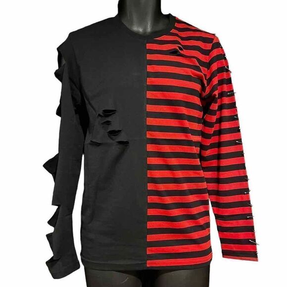 Custom Distressed Red & Black Striped Split Long Sleeve Shirt Men’s Small - Picture 1 of 3